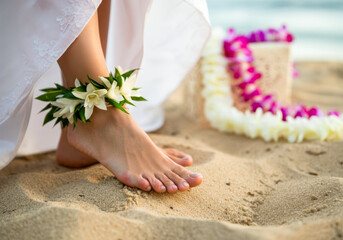 Elegant floral anklet worn during a beach ceremony at sunset with decorative petals in the background