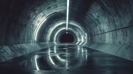 Obraz premium Empty, dark, concrete tunnel with wet floor and glowing neon lights.