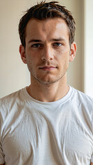 Fototapeta premium Retrato vertical de hombre blanco de pie en el interior de una habitación usando una camiseta blanca 