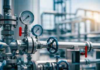 Industrial piping system with pressure gauges and valves at a manufacturing facility during day