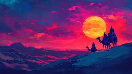 Fototapeta premium Dos personas montando camellos en un desierto con dunas suaves, iluminadas por un atardecer colorido. Twilit. Illustration