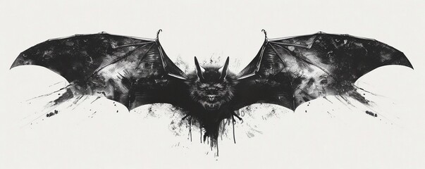 A dramatic black and white illustration of a bat, its wings spread wide, creates a powerful and mysterious image.