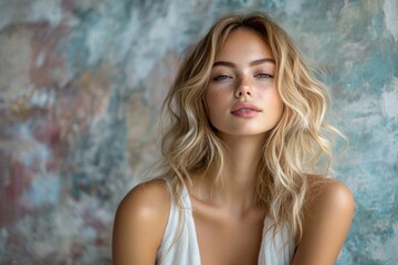 Obraz premium Young woman with natural beauty poses in front of a colorful, textured backdrop during daylight. Generative AI