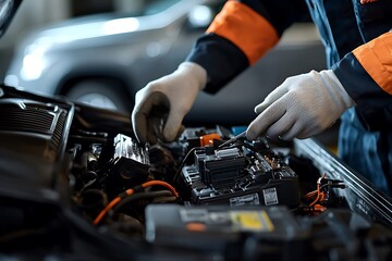 Mechanic working on a car's engine with tools and gloves.
