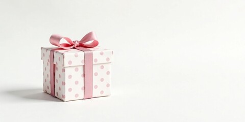 A delicately wrapped present, a small square box with pink polka dots and a lovely pale pink ribbon bow, sits on a clean white surface.