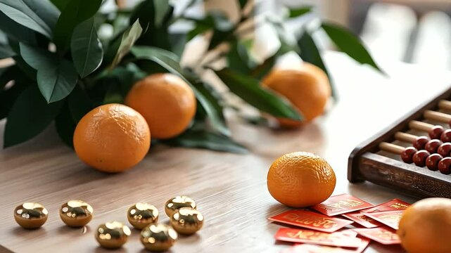 Traditional Chinese Abacus with Gold Ingot and Red Envelopes