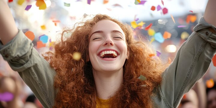 A joyful happiness young woman with curly hair smiles widely, celebration joy amidst colorful festival confetti at a lively International Women's Day event. - Powered by Adobe
