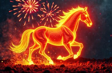 Fiery glowing horse with explosive fireworks in the night sky