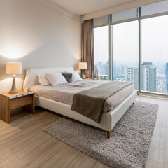 Corner view of home bedroom interior bed and nightstand, carpet on hardwood floor