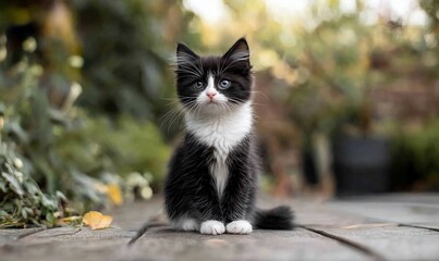 Black and white kitten sits outside.
