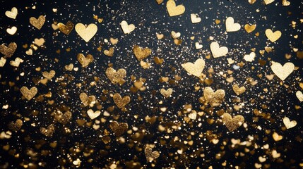 Fototapeta premium Golden hearts cascade gracefully from above, illuminating the darkness of the room, filling it with warmth and love as they drift softly to the ground.