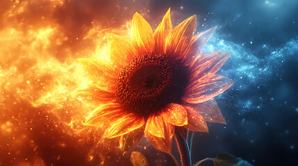 Fiery and icy sunflower in surreal artwork.