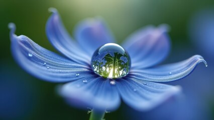Beautiful Close-Up of Blue Flower With Water Droplet in Focus

