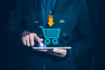 Businessman use tablet with digital marketing strategies driving online retail, enhancing shopping cart experiences, and increasing sales through technology and innovation