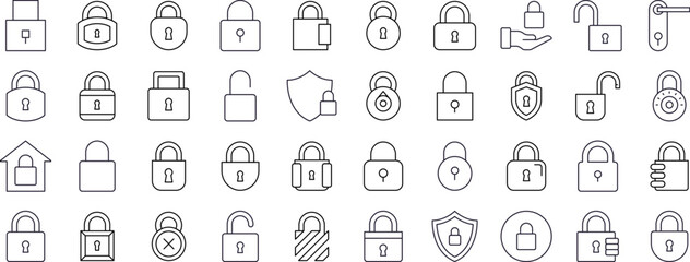 Pack of Lock Related Line Icons. Door and Padlock Outline Signs for Graphic and Web Design, Apps, Adverts, Various Cards