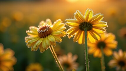 Close-Up of Blooming Wildflowers at Sunset with Dew Drops

