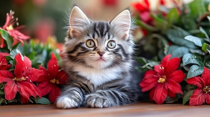 Adorable tabby kitten with red poinsettia flowers.