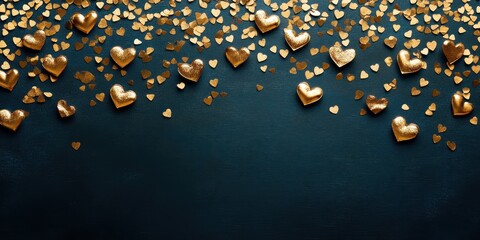 Obraz premium Golden hearts dance across a serene blue canvas, casting a romantic glow that whispers love's sweet embrace this Valentine's Day.