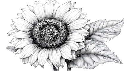 Detailed monochrome sketch of a sunflower with leaves.