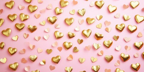 A romantic pink backdrop adorned with shimmering gold hearts, perfect for celebrating love and affection this Valentine's Day.