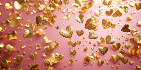 A delightful cluster of shimmering gold hearts glows against a soft pink backdrop, capturing the essence of love and joy for Valentine's Day.