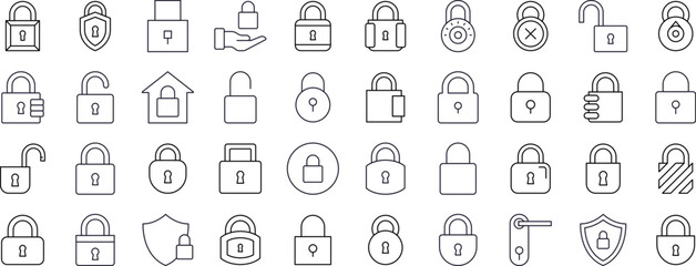 Lock Line Icon Set. Door and Padlock Outline Signs for Graphic and Web Design, Apps, Adverts, Various Cards