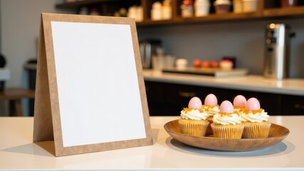 Easter egg cupcakes on kitchen counter with blank sign for spring celebration
