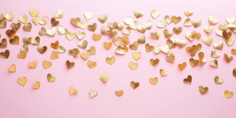 Obraz premium Shimmering gold hearts dance playfully across a soft pink canvas, embodying love and joy in a whimsical celebration of Valentine's Day.