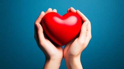 Fototapeta premium Human hands gently cradle a heart, highlighting the need for heart disease support.