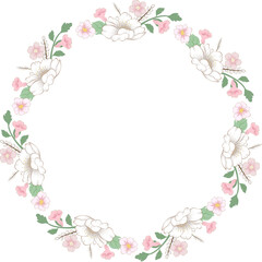Floral wreath with white and pink flowers, green leaves, and delicate design. Perfect for invitations, wedding decorations, stationery, or romantic-themed