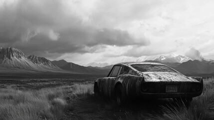 Fototapeta premium A retro vehicle stands on the beach. A burned extended cab truck along the edge of a field in a countryside spring landscape