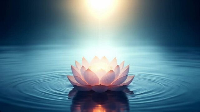 Lotus floats on calm water with ripples and an aura of light above. A visual metaphor for meditation, mindfulness, and achieving inner peace