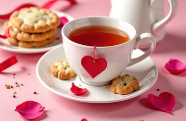 Fototapeta premium Romantic tea setup with heart tag and cookies on pink background