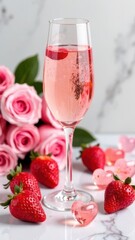 Sparkling pink champagne with fresh strawberries and roses on marble surface