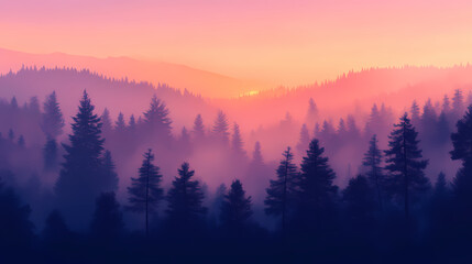 Fototapeta premium Background with abstract dark misty forest scene at dusk with tall trees design for halloween. Twilit. Illustration