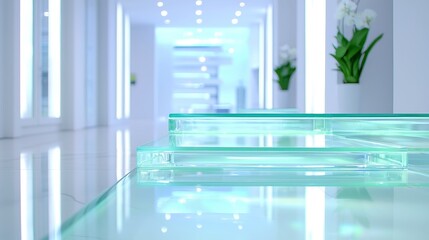 Modern glass-walled CEO office, sleek furniture, panoramic city views, minimalist decor, vibrant plants, elegant workspace, promoting transparency and creativity in leadership.