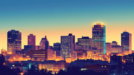 Fototapeta premium Beautiful youngstown ohio skyline at dusk with illuminated buildings and clear blue sky background. Twilit. Illustration