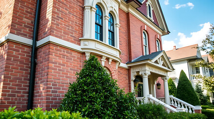 Fototapeta premium Red Brick Victorian House with Landscaping and Partial View of Adjacent Building