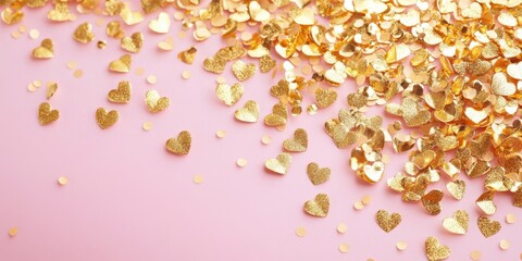 A romantic pink backdrop adorned with shimmering gold confetti, perfect for celebrating love and creating unforgettable moments this Valentine's Day.