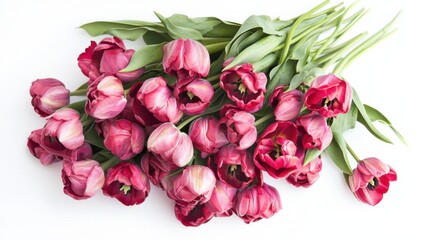 Bouquet of white tulips and gift box on blue background. Mothers day, Valentines Day, Birthday celebration concept. Mockup for Greeting card. Copy space for text, top view. Vertical banner