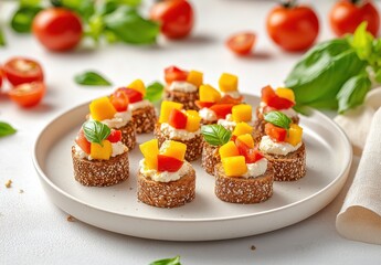 Obraz premium Colorful Healthy Canapés with Fresh Vegetables and Creamy Topping on a Light Plate Surrounded by Cherry Tomatoes and Fresh Basil