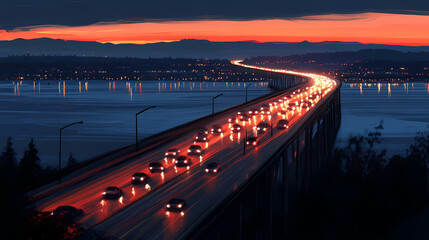 Obraz premium Capturing the flow of traffic on a bridge entering oregon at dusk in low light, with the glow of headlights and city lights reflecting on the water below. Twilit. Illustration