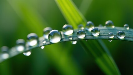 Close-Up of Dew Drops on Grass with a Vibrant Green Background

