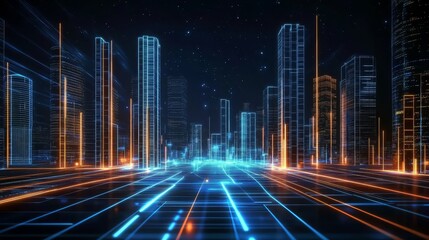 Futuristic urban landscape highlighting connected buildings and technologies.