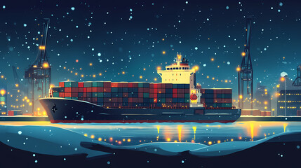 Obraz premium Cargo ship carrying containers in a winter port with snow and holiday lights at dusk. Twilit. Illustration