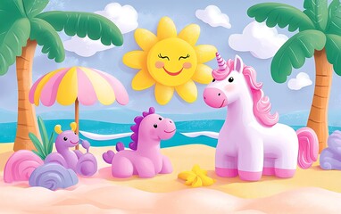 Fototapeta premium Unicorn, dinosaur, and snail enjoy a sunny beach day with a parasol under a smiling sun.