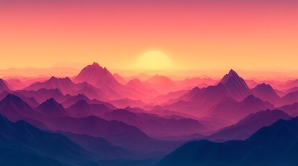 Vibrant sunset over a majestic mountain range, showcasing layers of deep purple and pink hues.