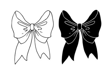 Line sketch, silhouette, festive bow stamp. Vector graphics.