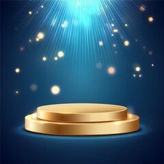 Empty podium golden on blue background with light neon effects with bokeh decorations