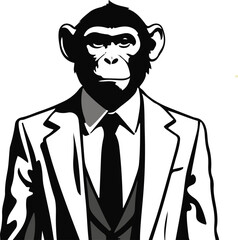 A male human body and monkey head, the man will be wearing a coat and tie. Vector line art. No color, thick line art. Very simple art style 4.eps